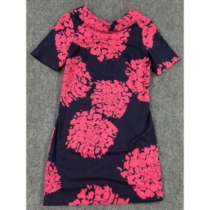 Trina Turk Sheath Dress Womens 10 Navy Pink Floral Print Short Sleeve Cowl Neck